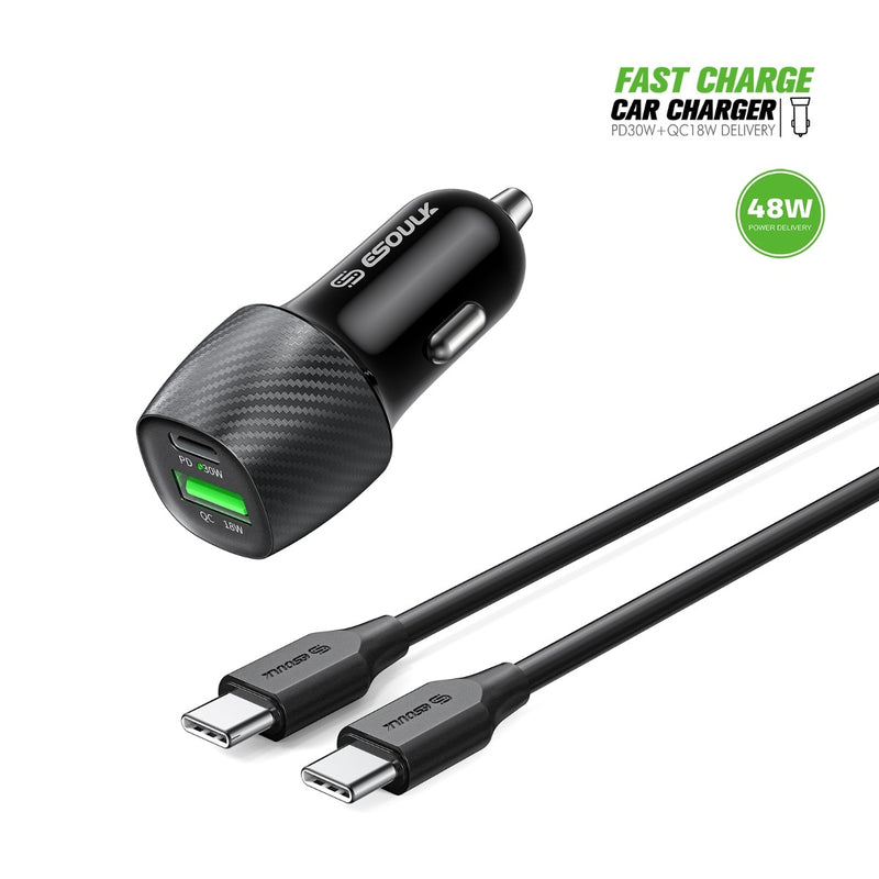 Esoulk PD&QC Car Charger with USB C-C Cable (48W) (3ft)