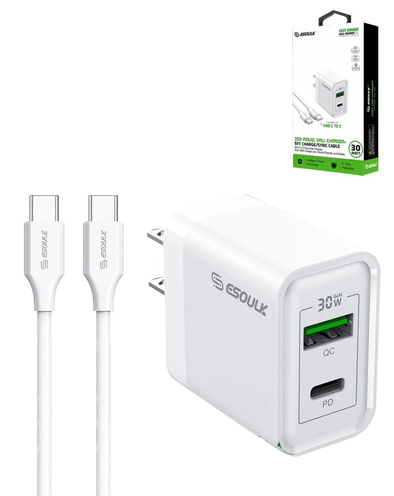 Esoulk PD&QC Wall Charger w/ C-C USB Cable (WHITE) (30W) (5ft)