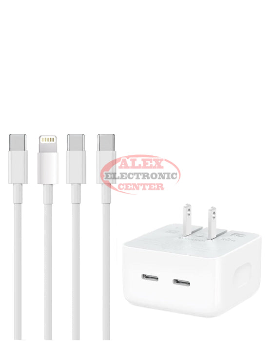 Dual USB-C Port Power Adapter /w USB C-L Non-MFI & USB C-C Cable (35W) (9ft) (WHITE) Accessories