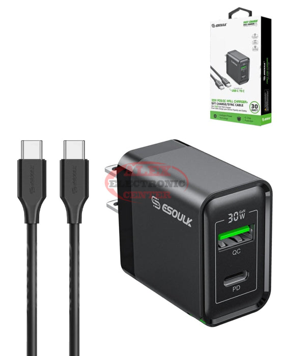 Esoulk PD&QC Wall Charger w/ C-C USB Cable (30W) (5ft) Charger