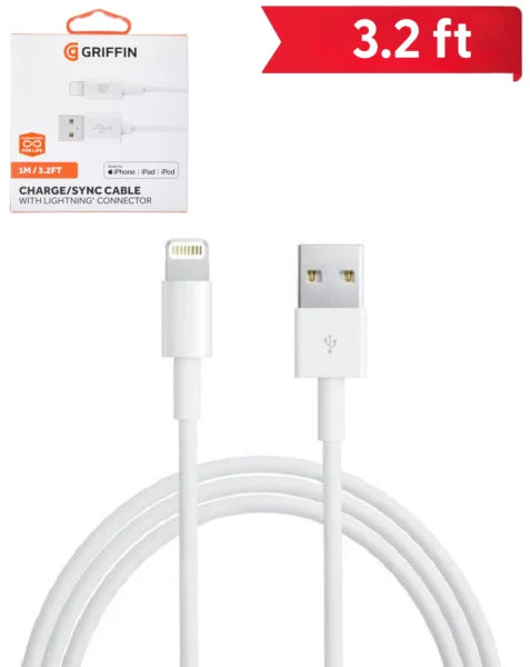 Griffin USB A-L MFI Cable (WHITE) (3ft) (10W)