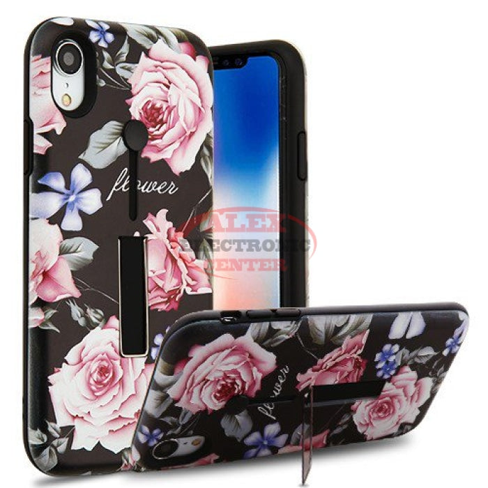 Victorian Flower/ Finger Grip Hybrid Protector Cover Iphone Xr / Black Case
